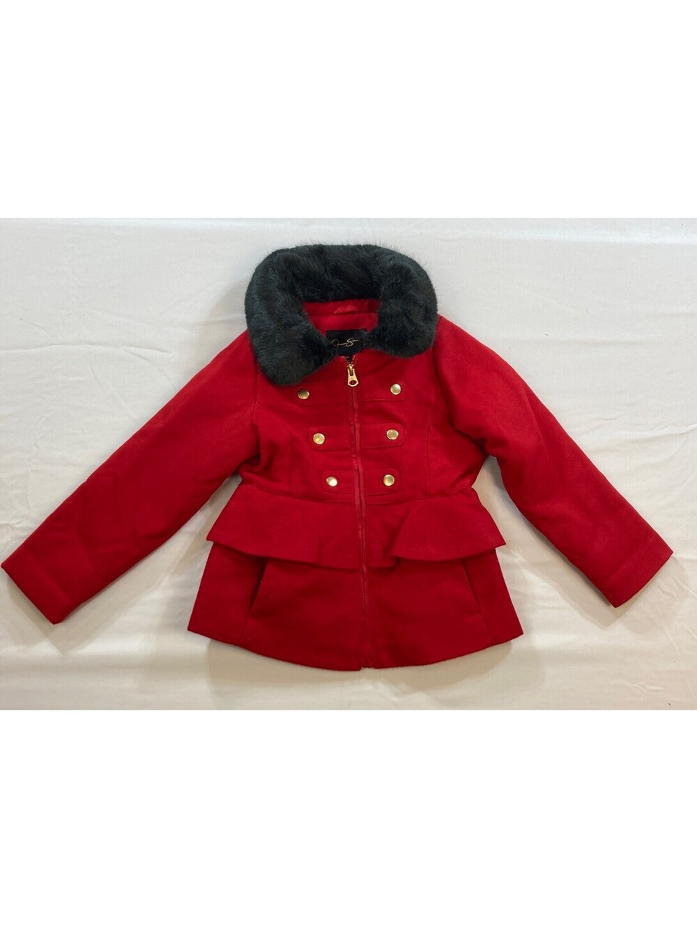 Jessica Simpson Girl Size 4 Red Fur Collar Dress Button Down Pea Coat Jacket EUC